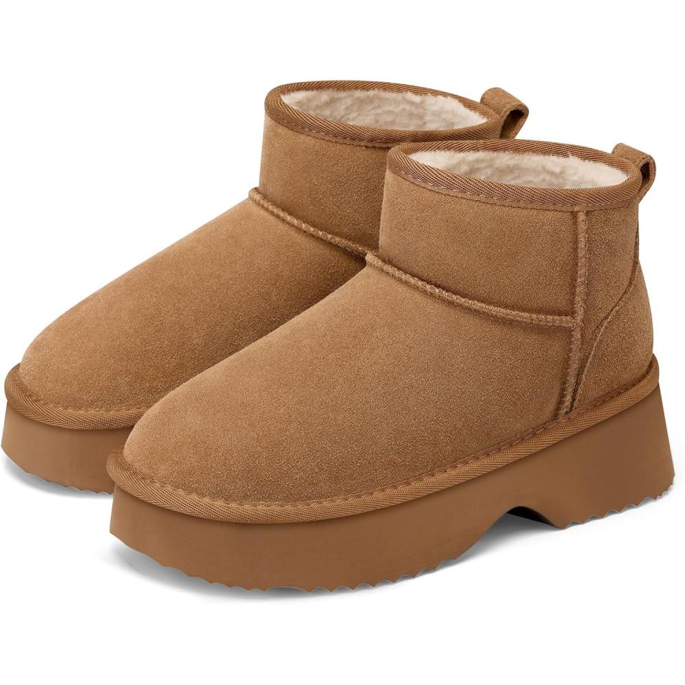 imageTEMOFON Snow Ankle Boots for Women Genuine Suede Leather Winter Booties Waterproof Warm AntiSlip Memory Foam Platform Outdoor ShoesChestnut