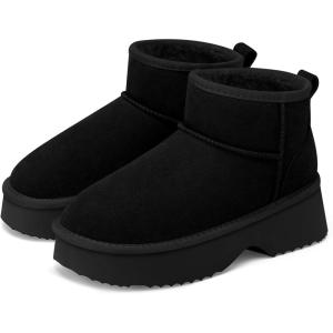 TEMOFON Snow Ankle Boots for Women Genuine Suede Leather Winter Booties Waterproof Warm Anti-Slip Memory Foam Platform Outdoor Shoes(Black)