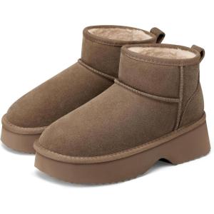 TEMOFON Snow Ankle Boots for Women Genuine Suede Leather Winter Booties Waterproof Warm Anti-Slip Memory Foam Platform Outdoor Shoes(Taupe)