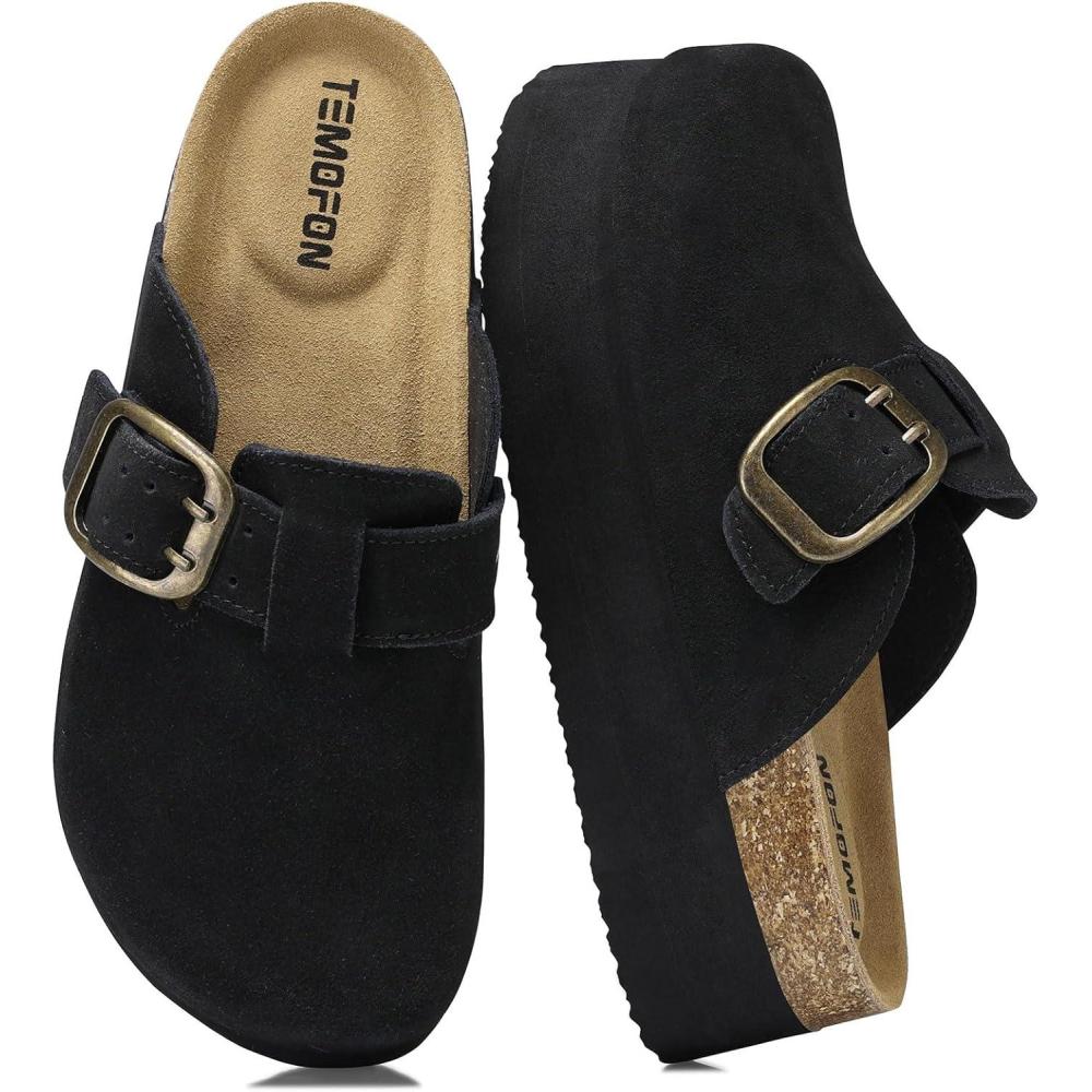 imageTEMOFON Suede Clogs for Women 2025 Slipon Genuine Leather Platform Clogs for Women Close Toe Mules Cork Footbed Potato Shoes84black