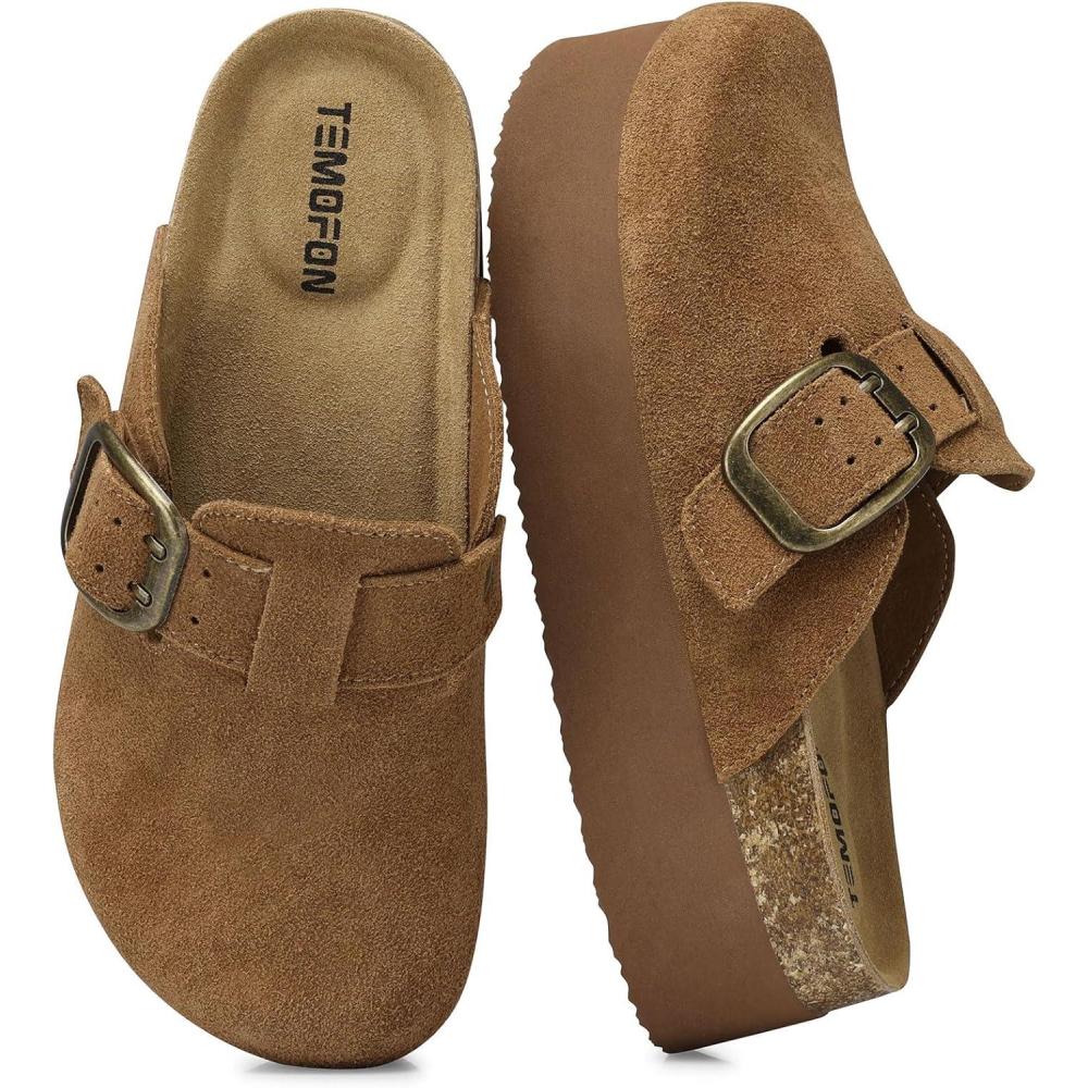 imageTEMOFON Suede Clogs for Women 2025 Slipon Genuine Leather Platform Clogs for Women Close Toe Mules Cork Footbed Potato Shoes84darkbrown