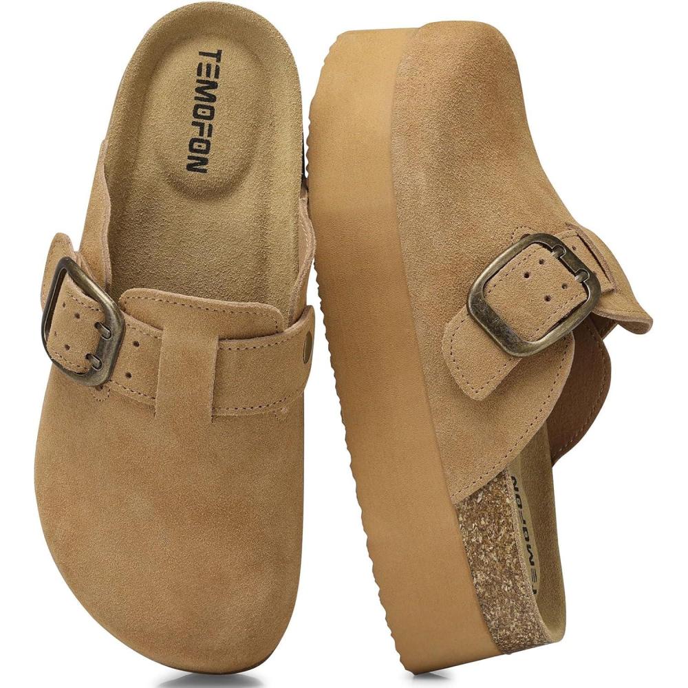 imageTEMOFON Suede Clogs for Women 2025 Slipon Genuine Leather Platform Clogs for Women Close Toe Mules Cork Footbed Potato Shoes84lightbrown