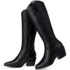 imageTEMOFON Cowboy Boots for Women Cowgirl Knee High Pointed Toe Chunky Heel Wide Calf Booties with Side Zipper Fall Winter18black