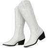 imageTEMOFON Cowboy Boots for Women Cowgirl Knee High Pointed Toe Chunky Heel Wide Calf Booties with Side Zipper Fall Winter18white