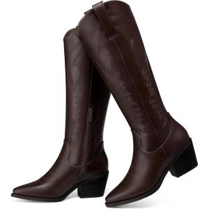 TEMOFON Cowboy Boots for Women Cowgirl: Knee High Pointed Toe Chunky Heel Wide Calf Booties with Side Zipper Fall Winter(18-brown)
