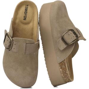 TEMOFON Suede Clogs for Women 2025: Slip-on Genuine Leather Platform Clogs for Women – Close Toe Mules Cork Footbed Potato Shoes(84-khaki)