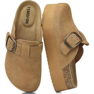 TEMOFON Suede Clogs for Women 2025: Slip-on Genuine Leather Platform Clogs for Women – Close Toe Mules Cork Footbed Potato Shoes(84-lightbrown)