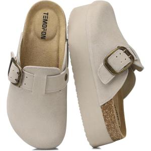 TEMOFON Suede Clogs for Women 2025: Slip-on Genuine Leather Platform Clogs for Women – Close Toe Mules Cork Footbed Potato Shoes(84-lightgray)