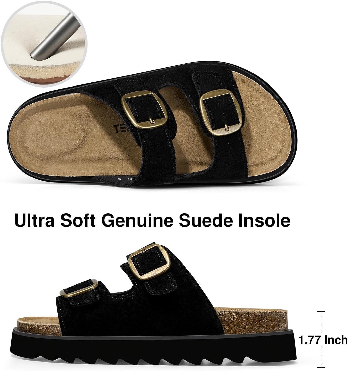 image:imageTEMOFON Womens Platform Summer Sandals Genuine Leather Sandals Slip on Slides Cork Footbed with Arch Support amp Comfort FoamBlack