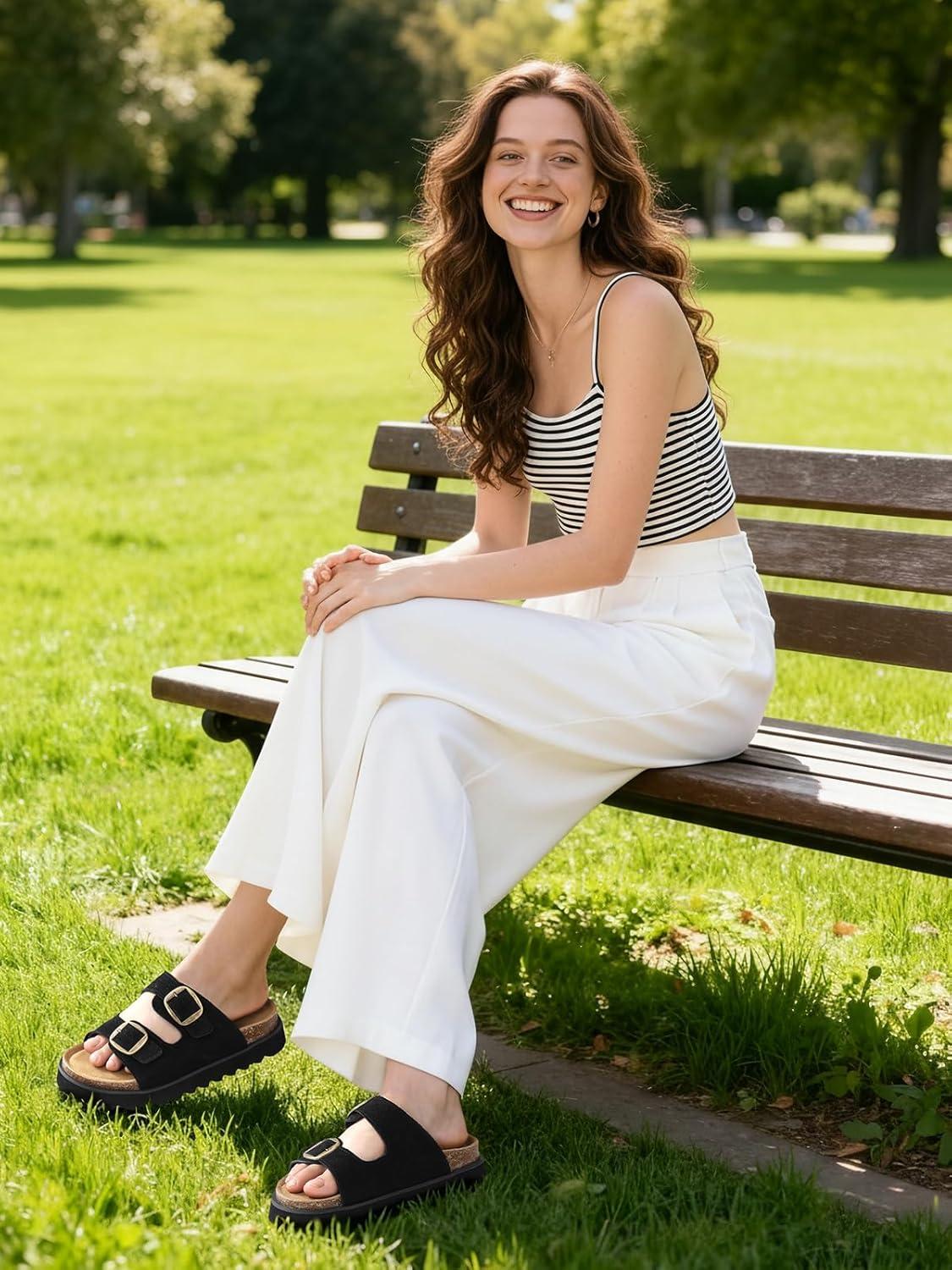 image:imageTEMOFON Womens Platform Summer Sandals Genuine Leather Sandals Slip on Slides Cork Footbed with Arch Support amp Comfort FoamBlack
