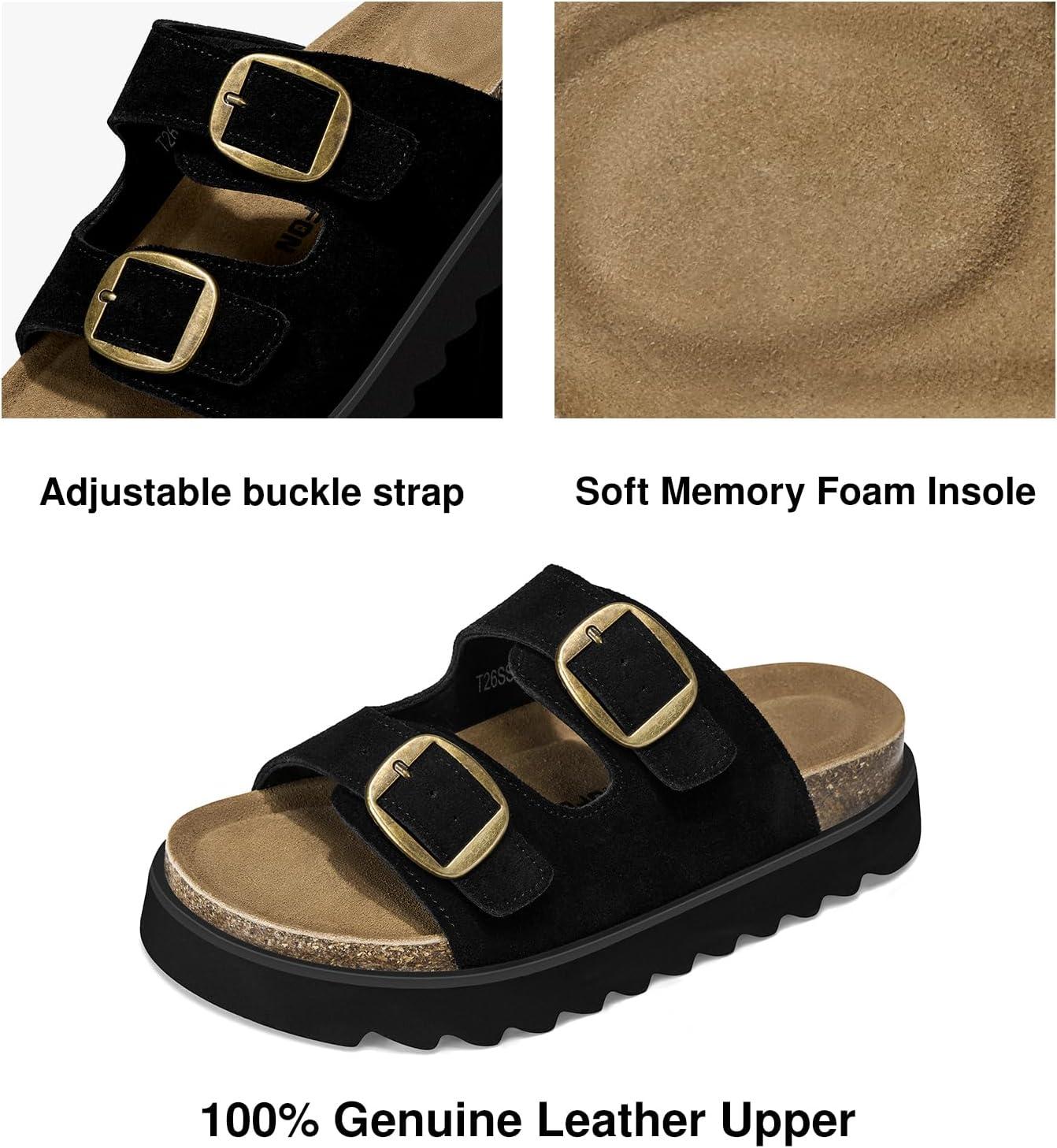 image:imageTEMOFON Womens Platform Summer Sandals Genuine Leather Sandals Slip on Slides Cork Footbed with Arch Support amp Comfort FoamBlack