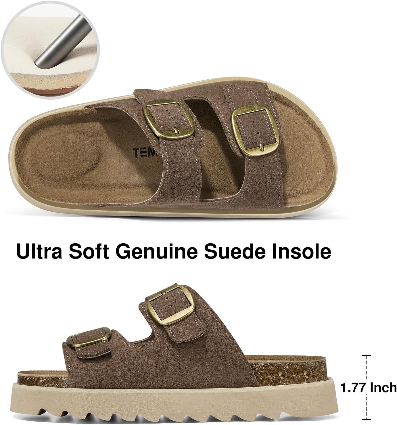 image:imageTEMOFON Womens Platform Summer Sandals Genuine Leather Sandals Slip on Slides Cork Footbed with Arch Support amp Comfort FoamBrown