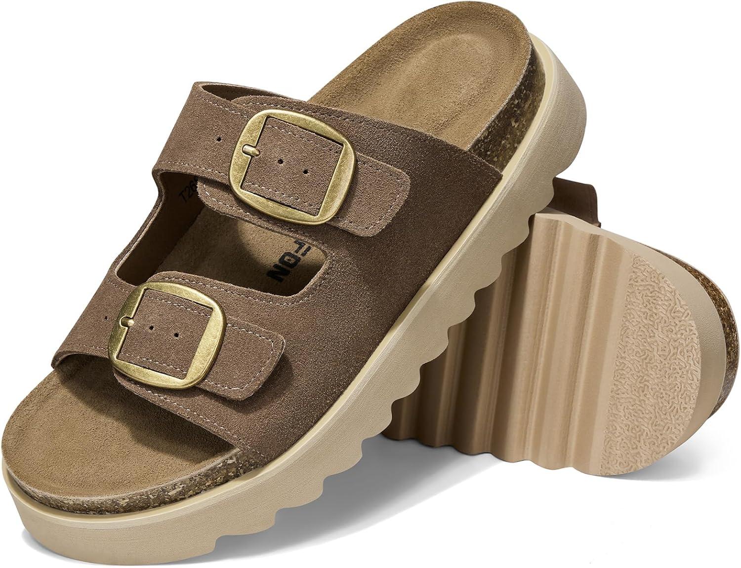 image:imageTEMOFON Womens Platform Summer Sandals Genuine Leather Sandals Slip on Slides Cork Footbed with Arch Support amp Comfort FoamBrown