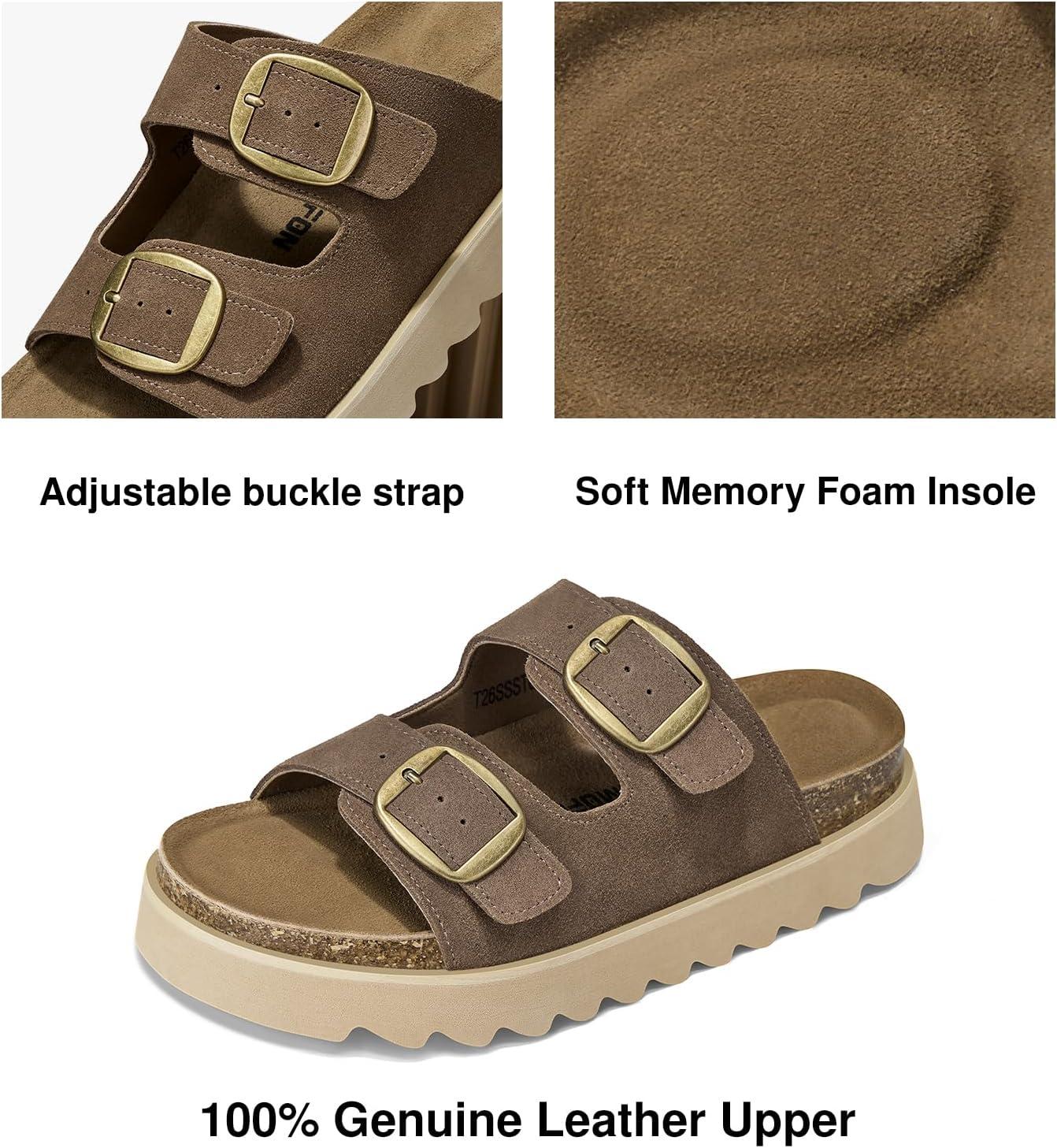 image:imageTEMOFON Womens Platform Summer Sandals Genuine Leather Sandals Slip on Slides Cork Footbed with Arch Support amp Comfort FoamBrown