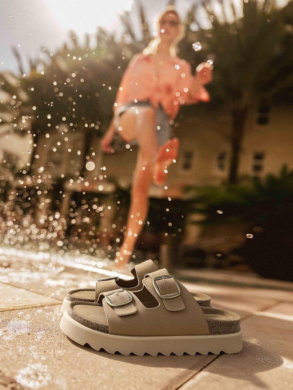 image:imageTEMOFON Womens Platform Summer Sandals Genuine Leather Sandals Slip on Slides Cork Footbed with Arch Support amp Comfort FoamCamel