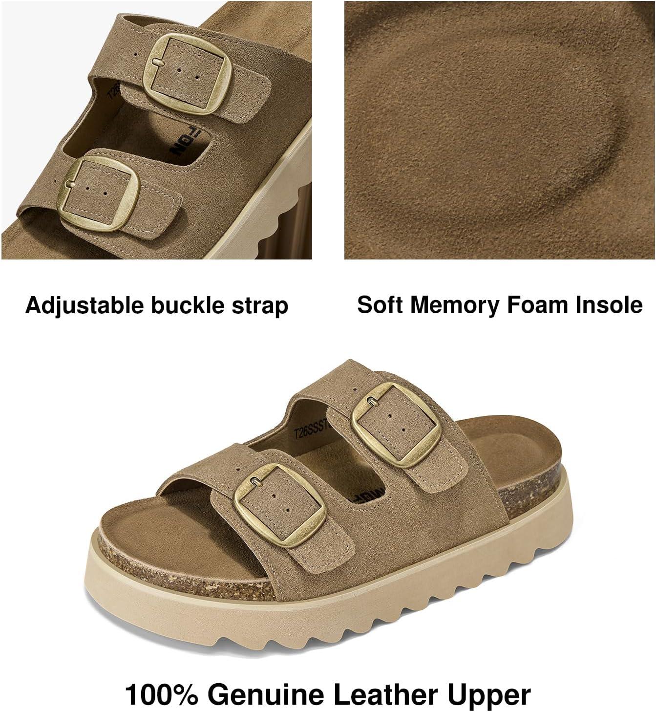 image:imageTEMOFON Womens Platform Summer Sandals Genuine Leather Sandals Slip on Slides Cork Footbed with Arch Support amp Comfort FoamCamel