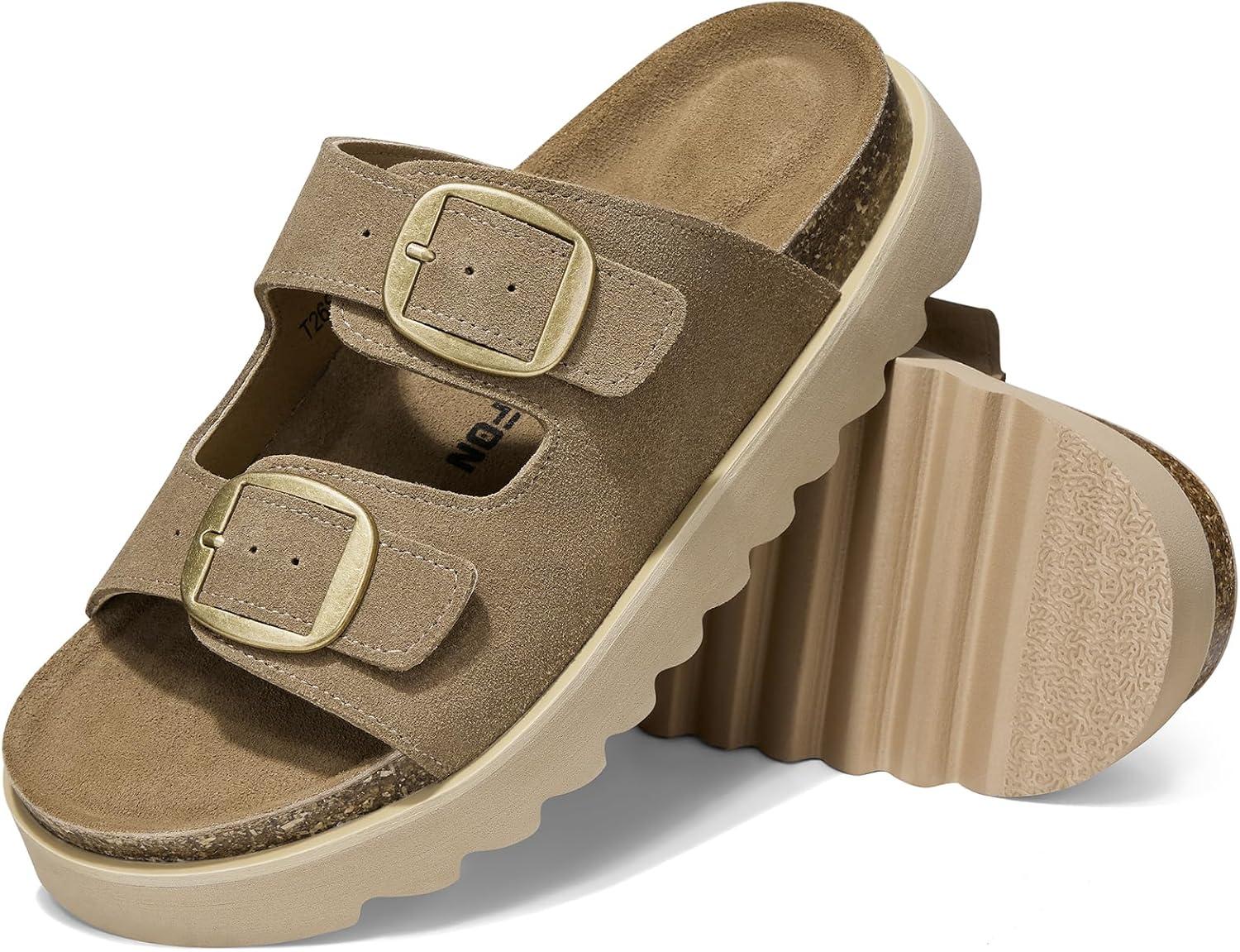 image:imageTEMOFON Womens Platform Summer Sandals Genuine Leather Sandals Slip on Slides Cork Footbed with Arch Support amp Comfort FoamCamel