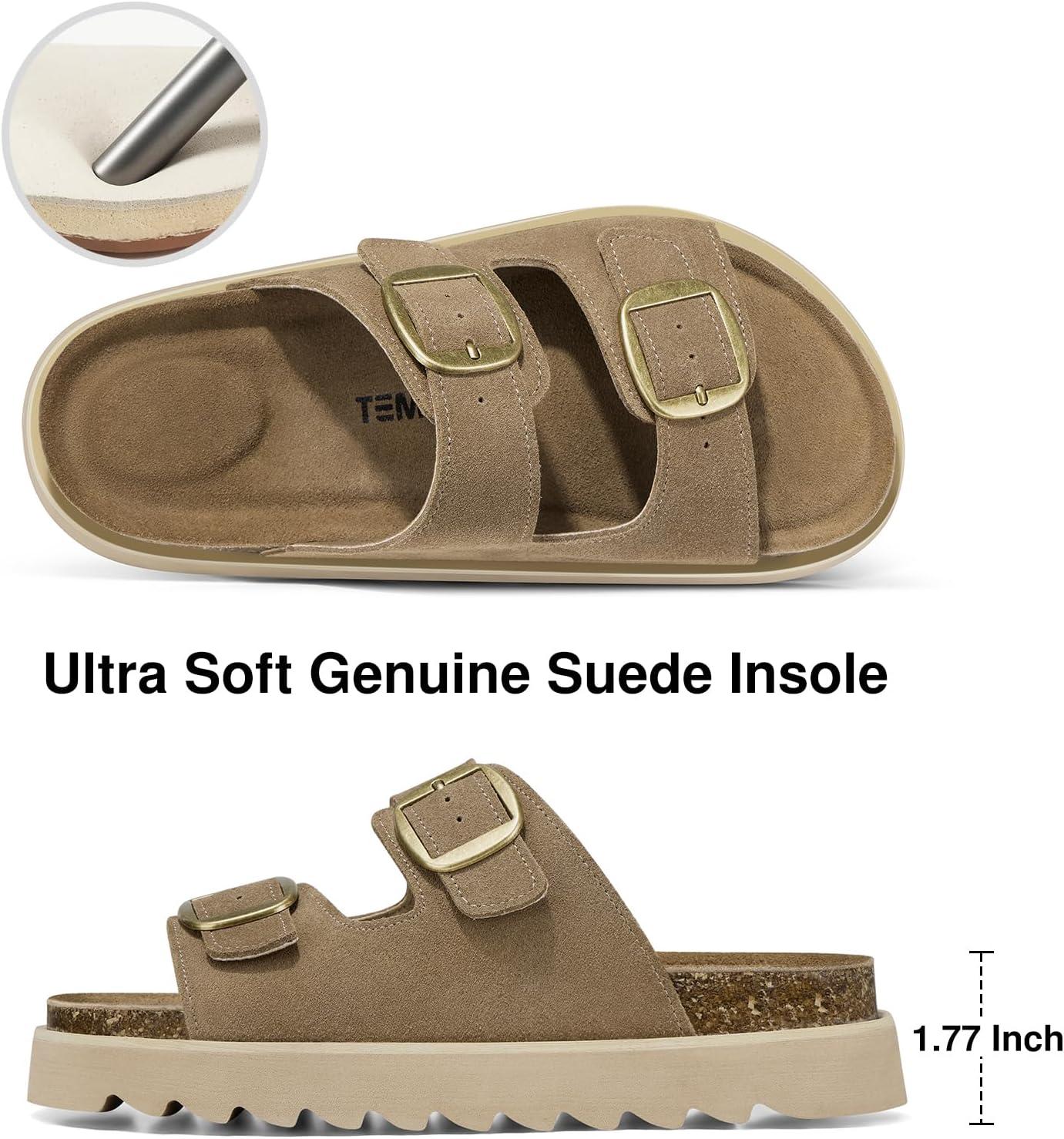 image:imageTEMOFON Womens Platform Summer Sandals Genuine Leather Sandals Slip on Slides Cork Footbed with Arch Support amp Comfort FoamCamel