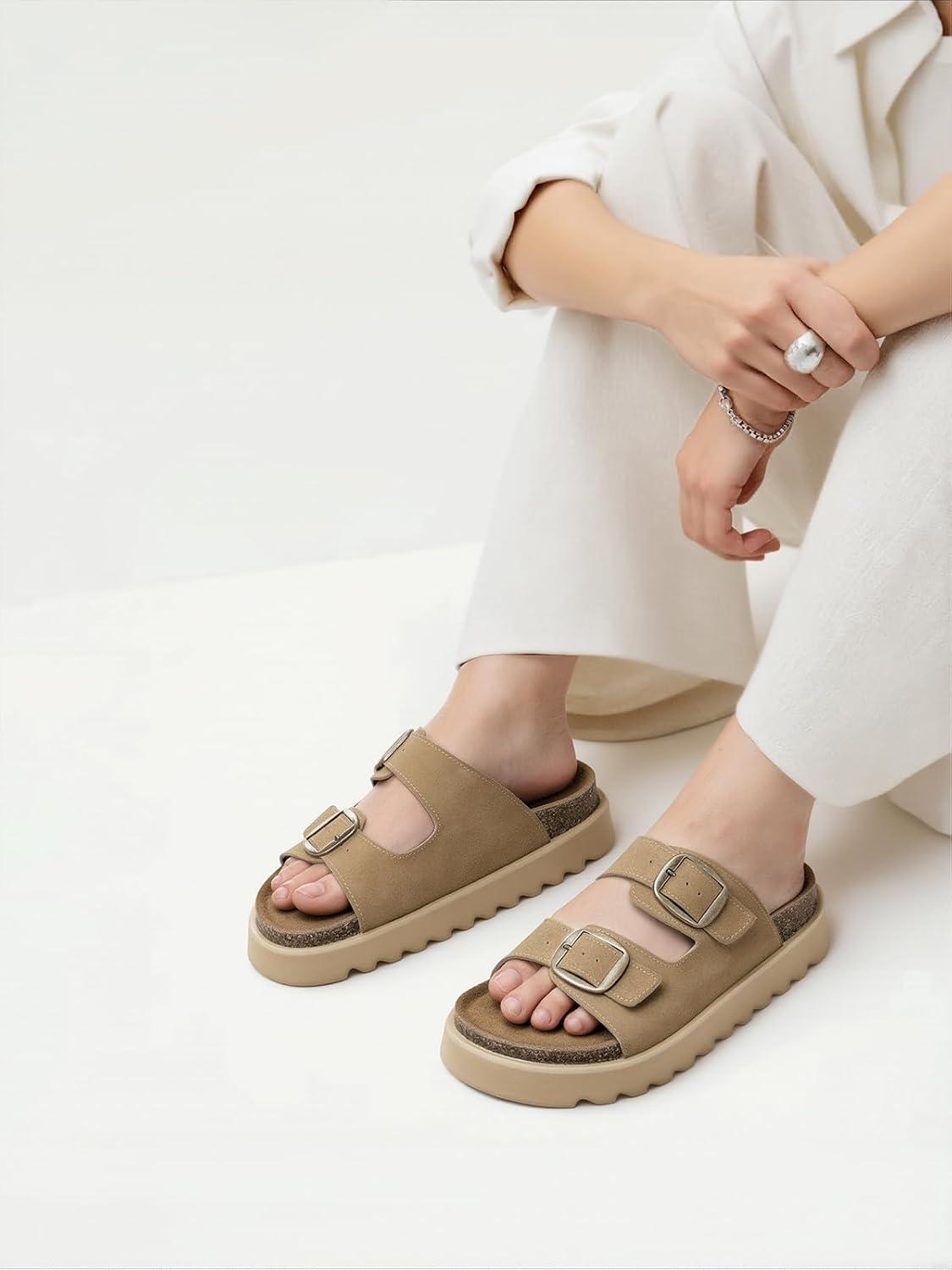 image:imageTEMOFON Womens Platform Summer Sandals Genuine Leather Sandals Slip on Slides Cork Footbed with Arch Support amp Comfort FoamCamel