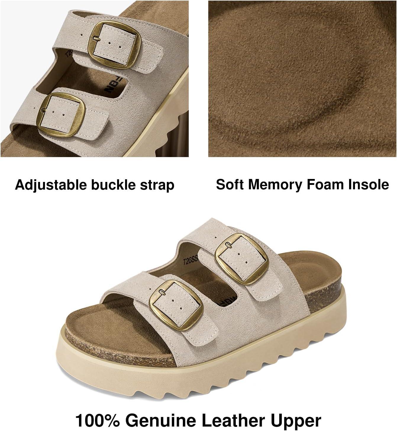 image:imageTEMOFON Womens Platform Summer Sandals Genuine Leather Sandals Slip on Slides Cork Footbed with Arch Support amp Comfort FoamGrey