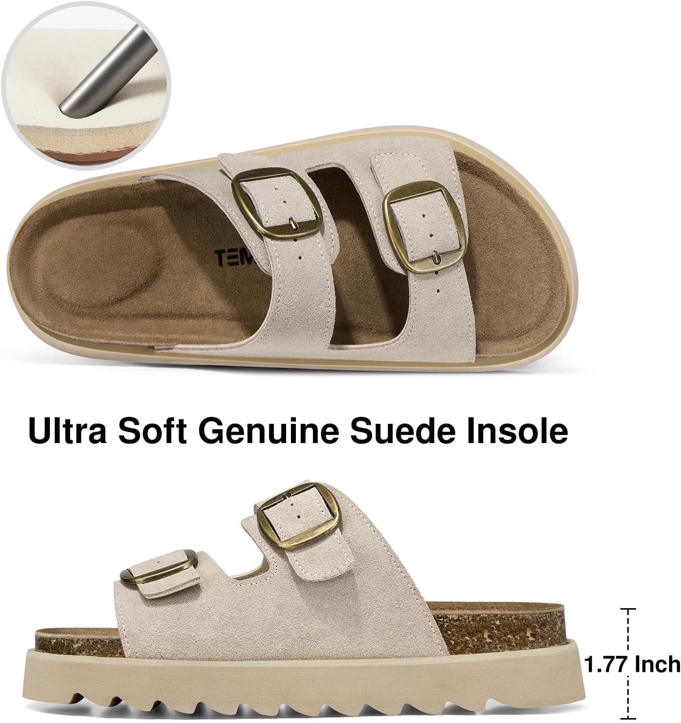 image:imageTEMOFON Womens Platform Summer Sandals Genuine Leather Sandals Slip on Slides Cork Footbed with Arch Support amp Comfort FoamGrey