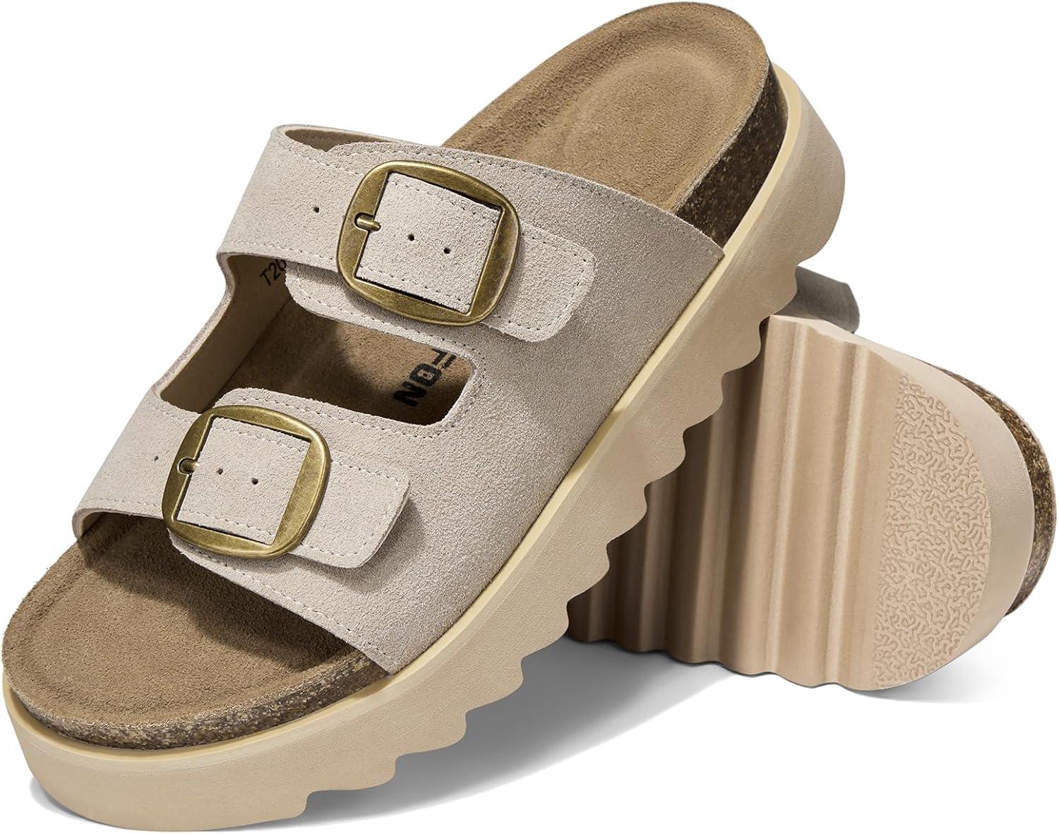 image:imageTEMOFON Womens Platform Summer Sandals Genuine Leather Sandals Slip on Slides Cork Footbed with Arch Support amp Comfort FoamGrey