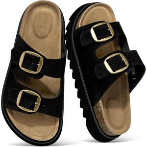 TEMOFON Women’s Platform Summer Sandals: Genuine Leather Sandals Slip on Slides Cork Footbed with Arch Support & Comfort Foam(Black)