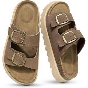 TEMOFON Women’s Platform Summer Sandals: Genuine Leather Sandals Slip on Slides Cork Footbed with Arch Support & Comfort Foam(Brown)
