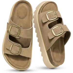 TEMOFON Women’s Platform Summer Sandals: Genuine Leather Sandals Slip on Slides Cork Footbed with Arch Support & Comfort Foam(Camel)