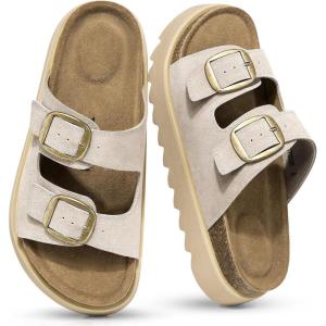TEMOFON Women’s Platform Summer Sandals: Genuine Leather Sandals Slip on Slides Cork Footbed with Arch Support & Comfort Foam(Grey)