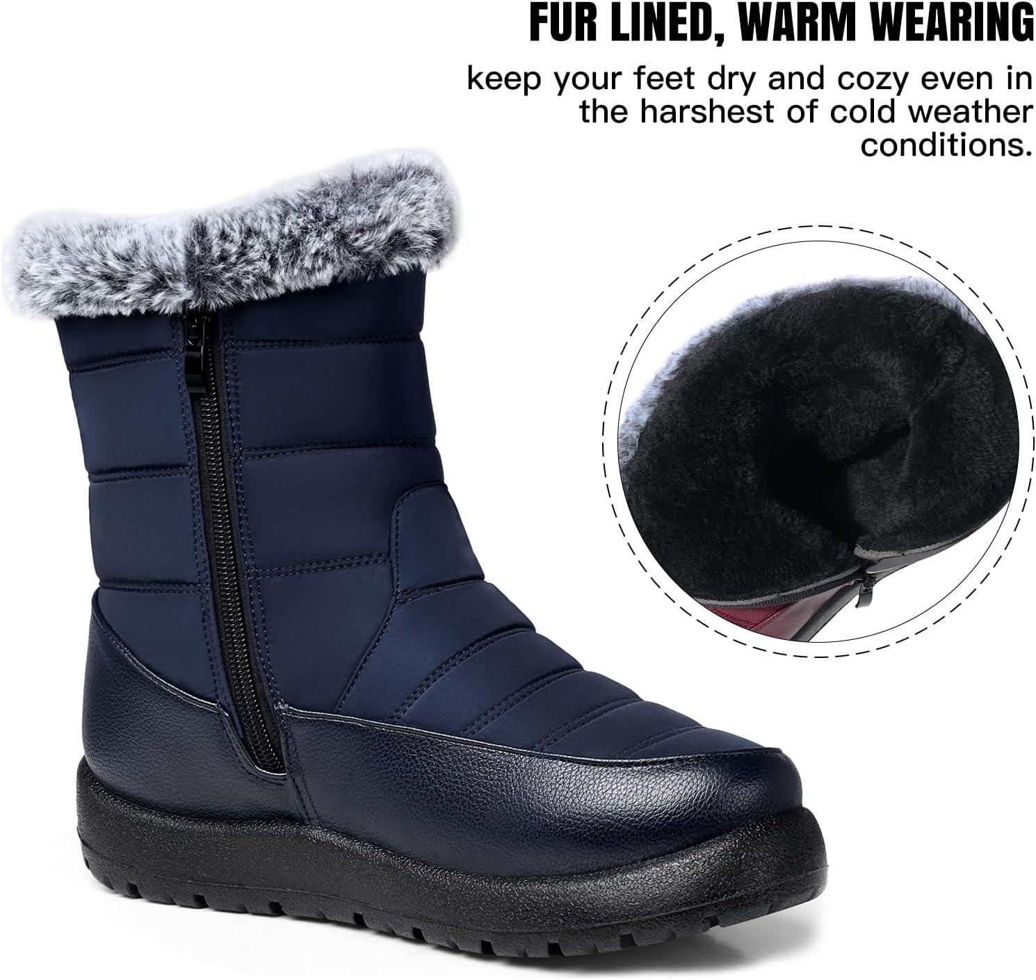 image:imageTEMOFON Women Winter Boots Waterproof Fur Lined Ankle Booties Wide Width Snow Boots Warm Comfy Walking Soft Winter Shoes Size 5111952blue