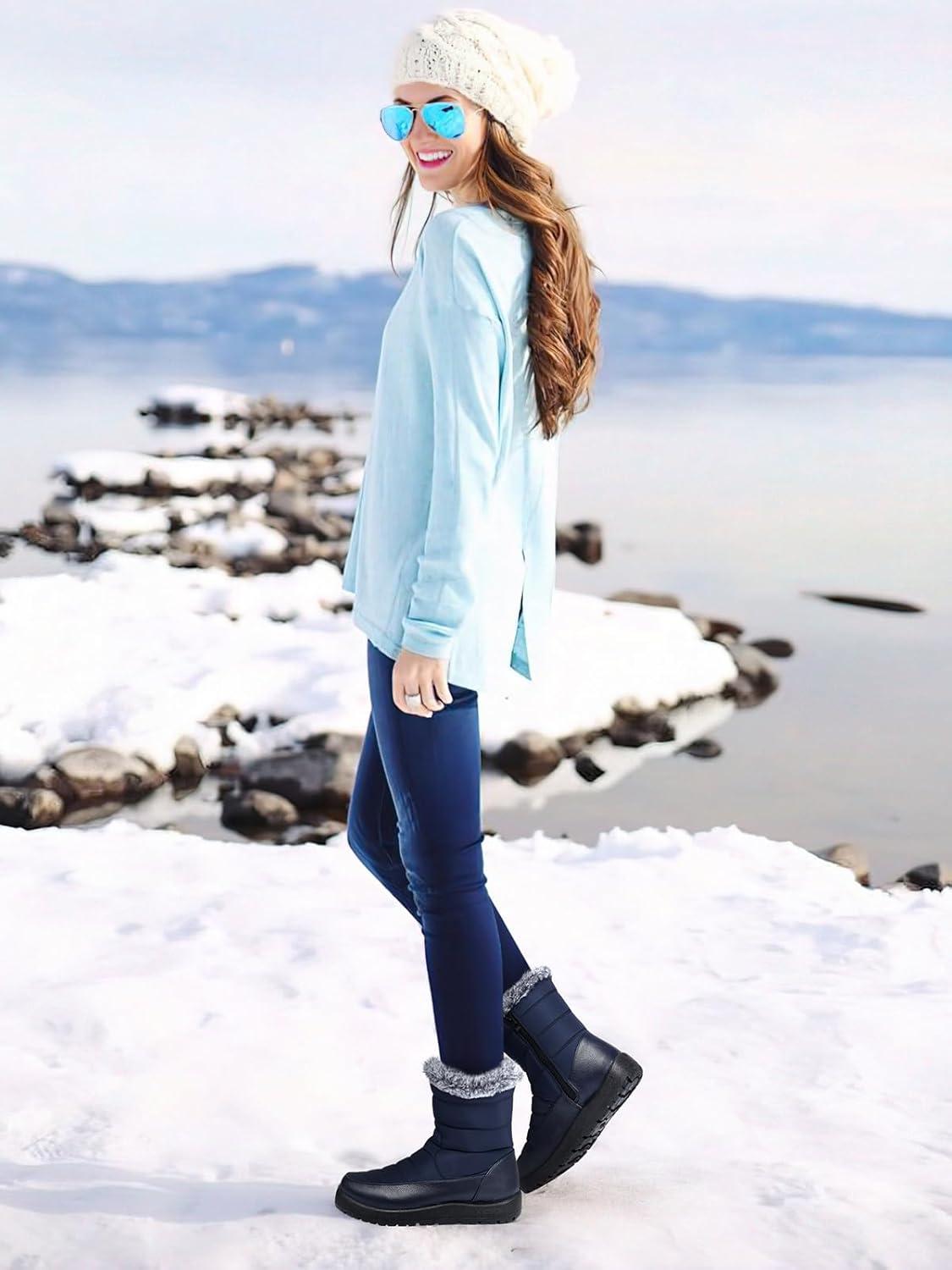 image:imageTEMOFON Women Winter Boots Waterproof Fur Lined Ankle Booties Wide Width Snow Boots Warm Comfy Walking Soft Winter Shoes Size 5111952blue