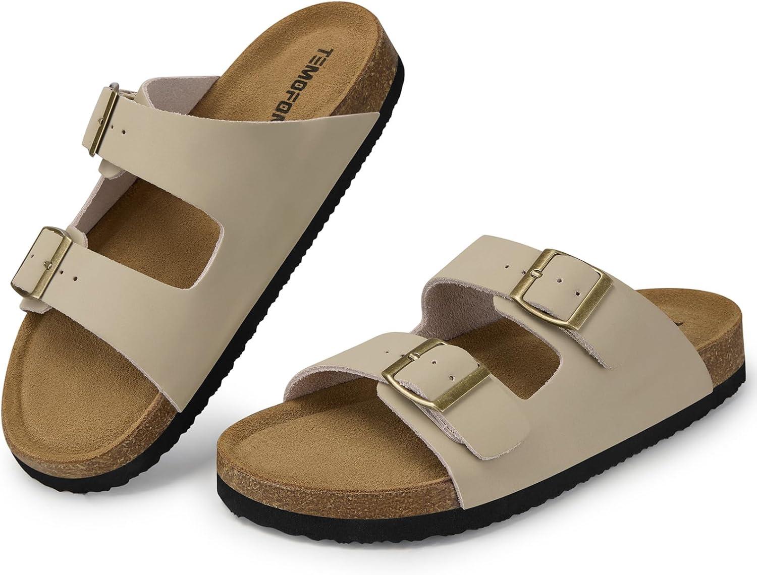 image:imageTEMOFON Womens Cork Footbed Sandals Genuine Leather Comfortable Arch Support SlipOn Summer Slide Sandals with Adjustable Buckle Size 61194beige