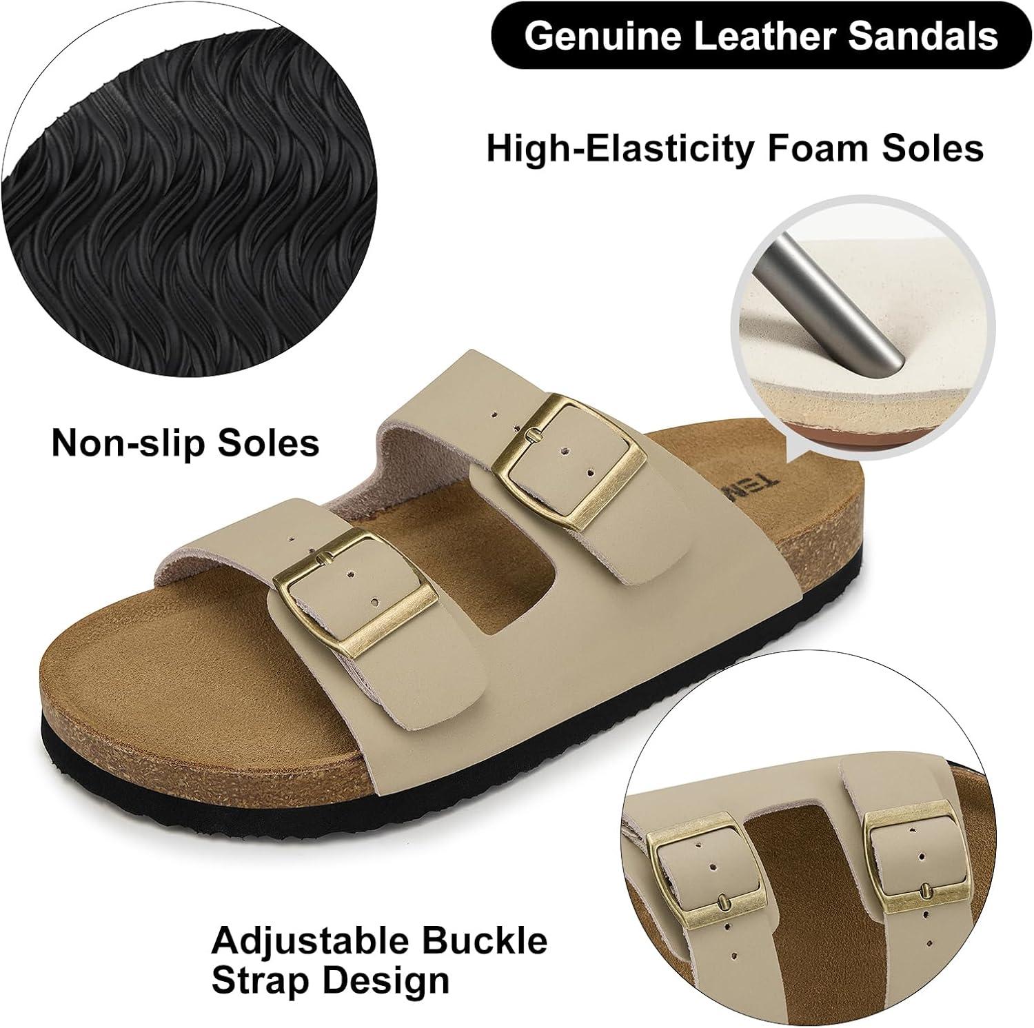 image:imageTEMOFON Womens Cork Footbed Sandals Genuine Leather Comfortable Arch Support SlipOn Summer Slide Sandals with Adjustable Buckle Size 61194beige