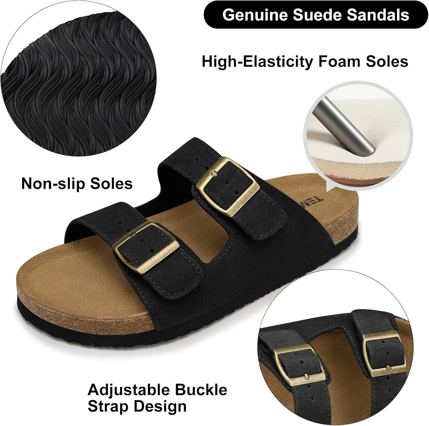 image:imageTEMOFON Womens Cork Footbed Sandals Genuine Leather Comfortable Arch Support SlipOn Summer Slide Sandals with Adjustable Buckle Size 61194black