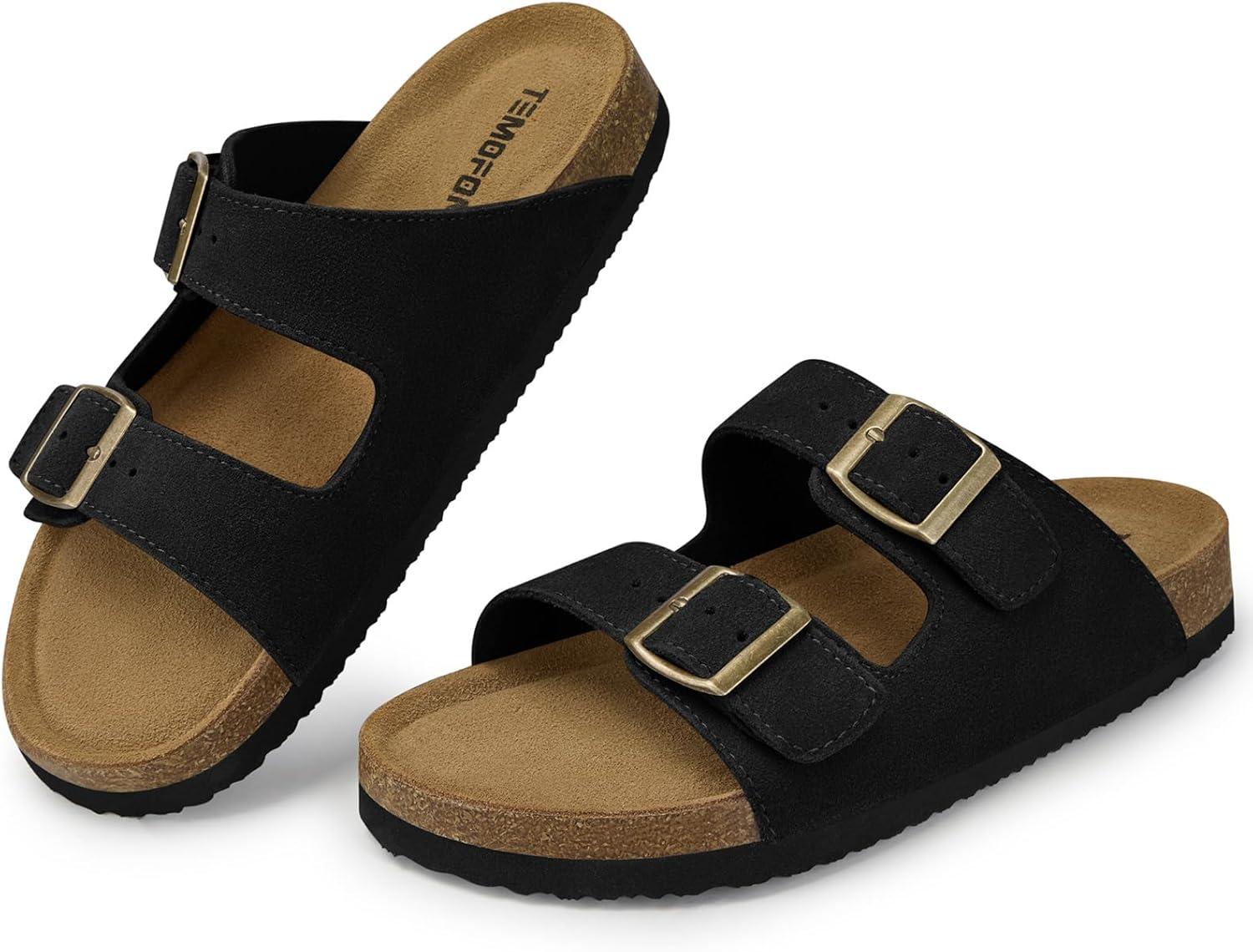 image:imageTEMOFON Womens Cork Footbed Sandals Genuine Leather Comfortable Arch Support SlipOn Summer Slide Sandals with Adjustable Buckle Size 61194black