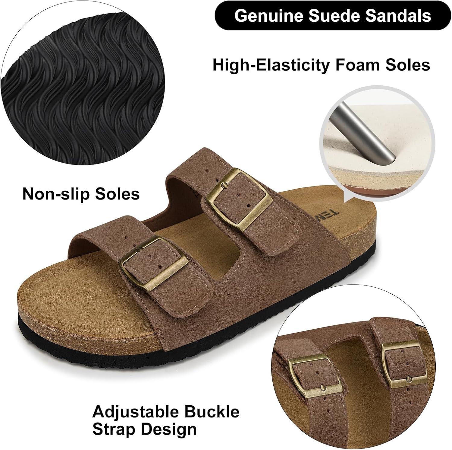 image:imageTEMOFON Womens Cork Footbed Sandals Genuine Leather Comfortable Arch Support SlipOn Summer Slide Sandals with Adjustable Buckle Size 61194brown