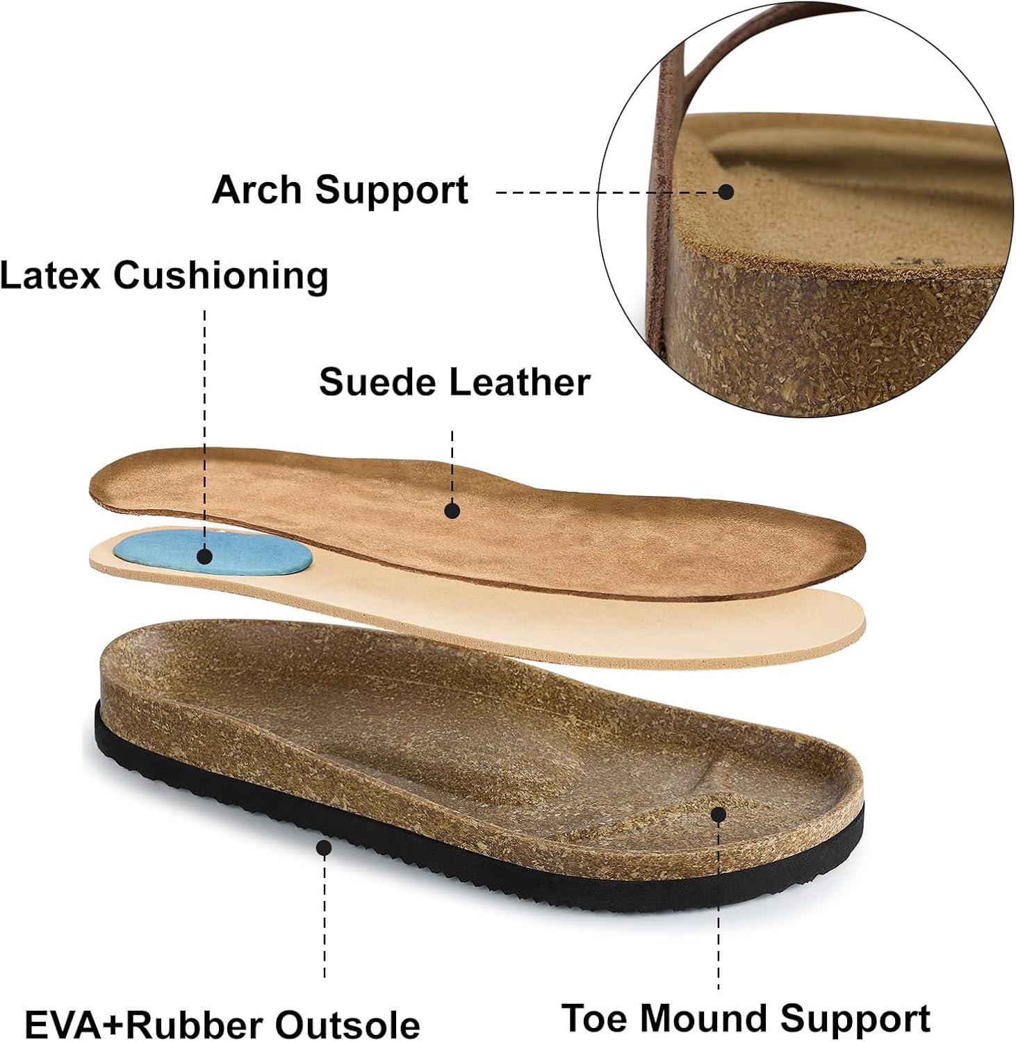 image:imageTEMOFON Womens Cork Footbed Sandals Genuine Leather Comfortable Arch Support SlipOn Summer Slide Sandals with Adjustable Buckle Size 61194brownness