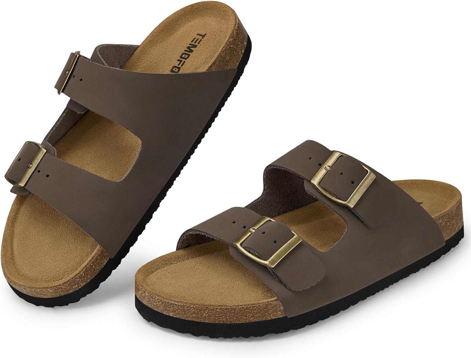image:imageTEMOFON Womens Cork Footbed Sandals Genuine Leather Comfortable Arch Support SlipOn Summer Slide Sandals with Adjustable Buckle Size 61194brownness