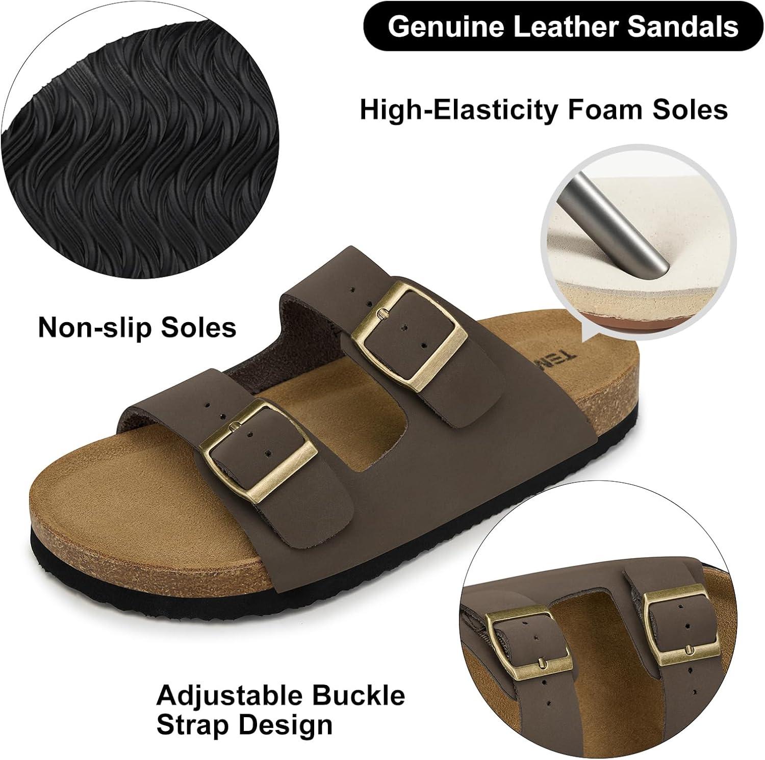 image:imageTEMOFON Womens Cork Footbed Sandals Genuine Leather Comfortable Arch Support SlipOn Summer Slide Sandals with Adjustable Buckle Size 61194brownness