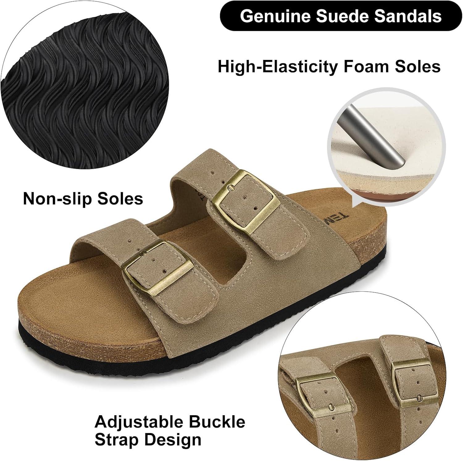 image:imageTEMOFON Womens Cork Footbed Sandals Genuine Leather Comfortable Arch Support SlipOn Summer Slide Sandals with Adjustable Buckle Size 61194khaki