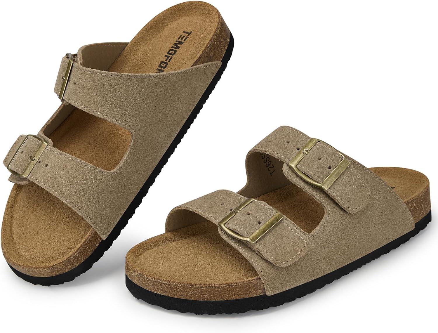 image:imageTEMOFON Womens Cork Footbed Sandals Genuine Leather Comfortable Arch Support SlipOn Summer Slide Sandals with Adjustable Buckle Size 61194khaki