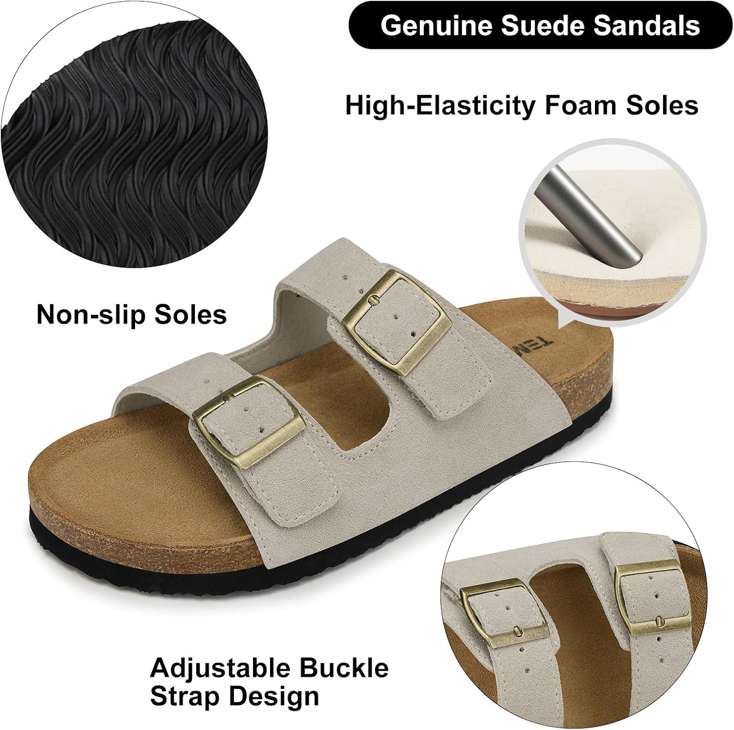 image:imageTEMOFON Womens Cork Footbed Sandals Genuine Leather Comfortable Arch Support SlipOn Summer Slide Sandals with Adjustable Buckle Size 61194stone