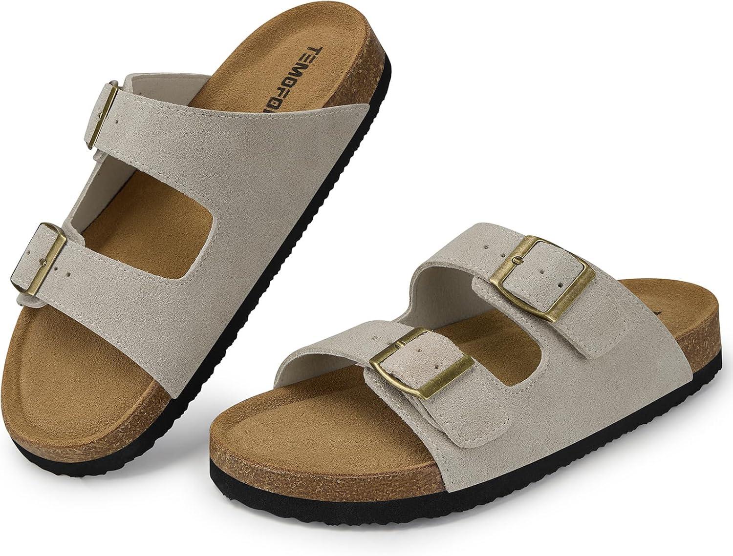 image:imageTEMOFON Womens Cork Footbed Sandals Genuine Leather Comfortable Arch Support SlipOn Summer Slide Sandals with Adjustable Buckle Size 61194stone