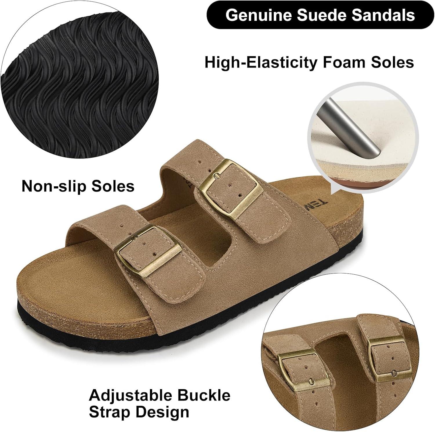 image:imageTEMOFON Womens Cork Footbed Sandals Genuine Leather Comfortable Arch Support SlipOn Summer Slide Sandals with Adjustable Buckle Size 61194tan