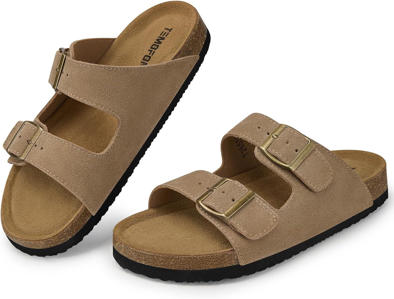 image:imageTEMOFON Womens Cork Footbed Sandals Genuine Leather Comfortable Arch Support SlipOn Summer Slide Sandals with Adjustable Buckle Size 61194tan