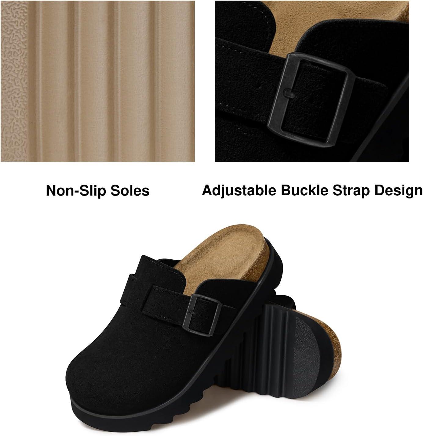 image:imageTEMOFON Womens Platform Clogs Shoes Genuine Leather Slip on Mules Comfortable Cork Footbed Closed Toe Sandals ShoesBlack