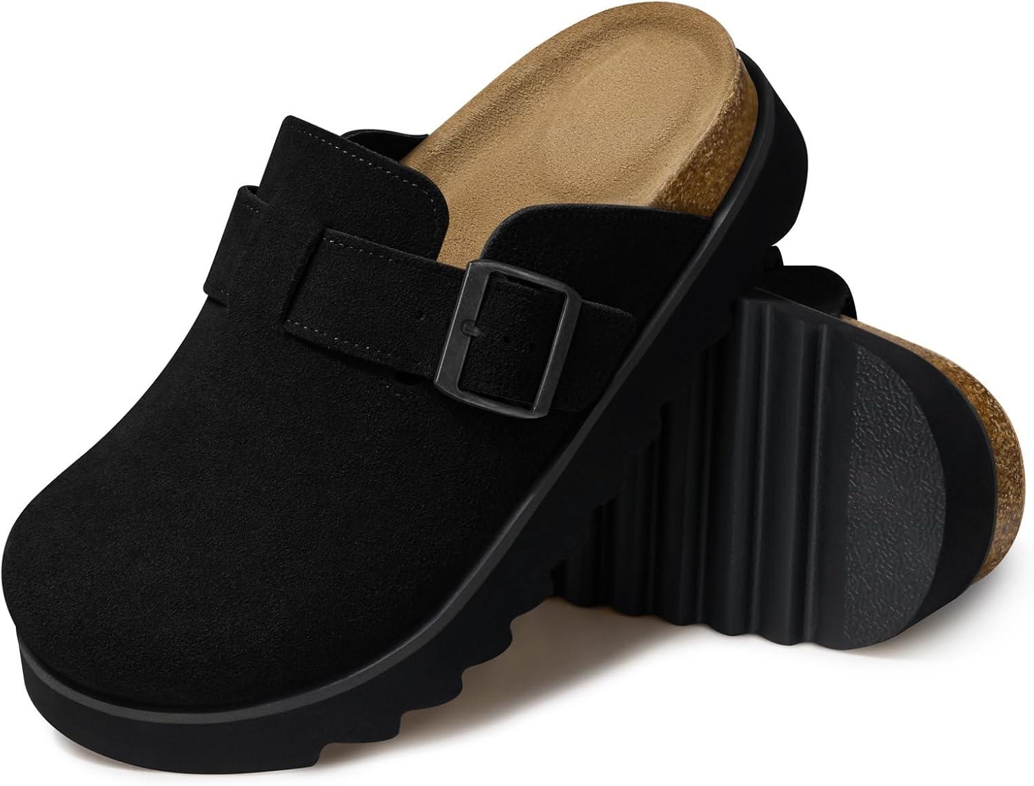 image:imageTEMOFON Womens Platform Clogs Shoes Genuine Leather Slip on Mules Comfortable Cork Footbed Closed Toe Sandals ShoesBlack
