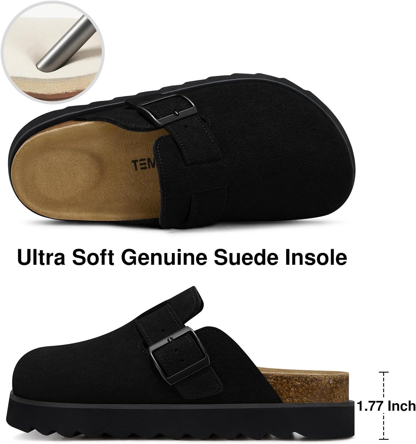 image:imageTEMOFON Womens Platform Clogs Shoes Genuine Leather Slip on Mules Comfortable Cork Footbed Closed Toe Sandals ShoesBlack