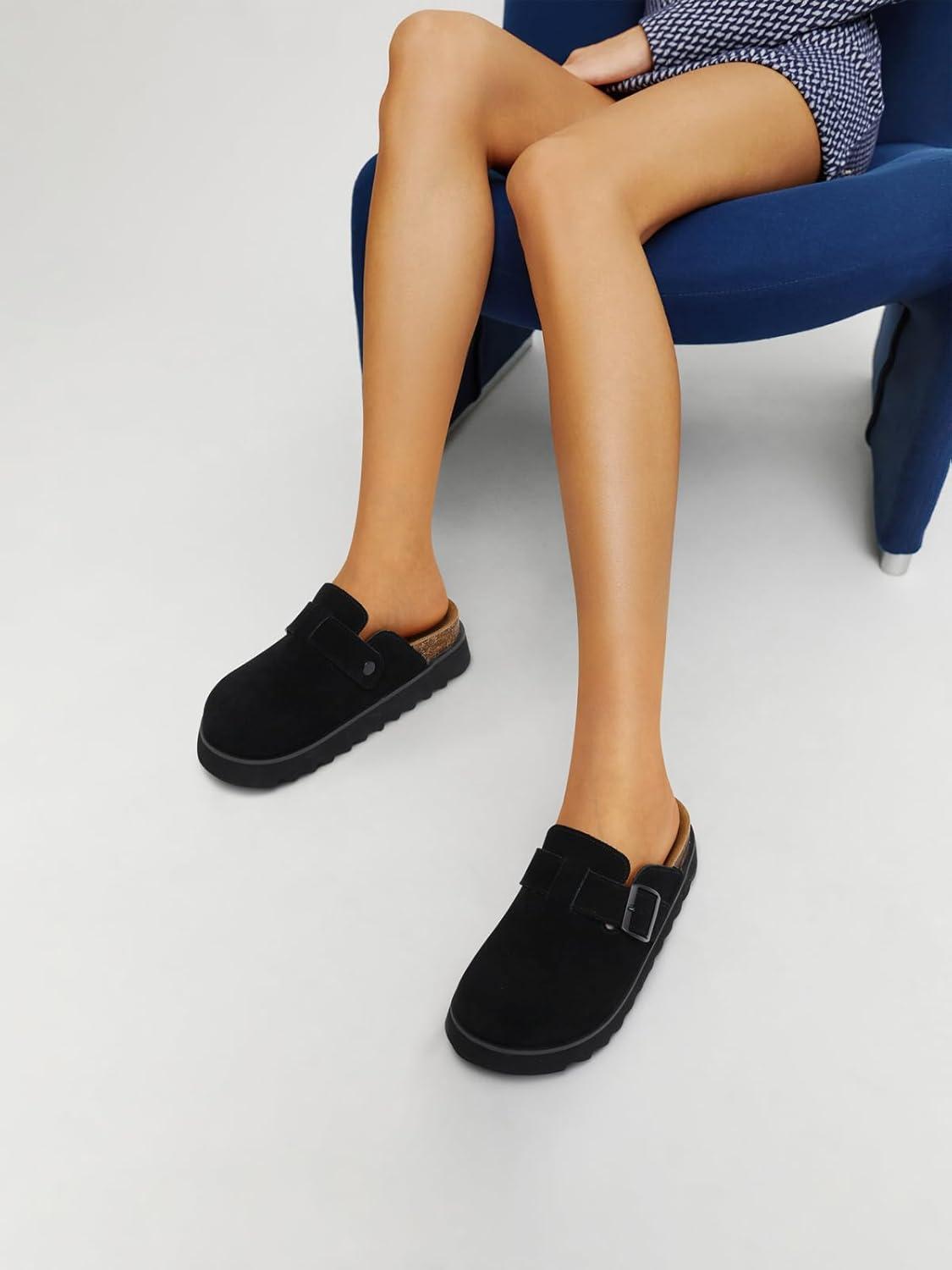 image:imageTEMOFON Womens Platform Clogs Shoes Genuine Leather Slip on Mules Comfortable Cork Footbed Closed Toe Sandals ShoesBlack